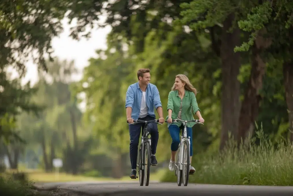 a-photo-of-a-couple-riding-bikes-outside